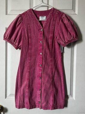 Denim Button Down Dress with Puff Sleeves in Pink Wash